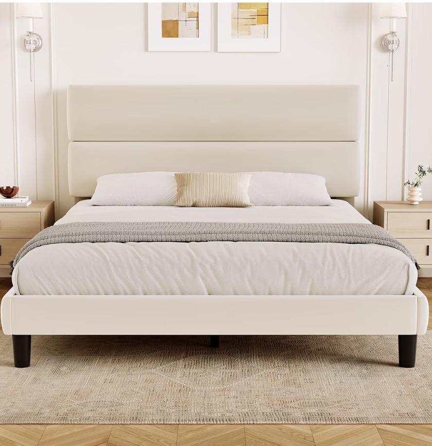 Modern Padded Headboard Platform Bed - Cream Beige