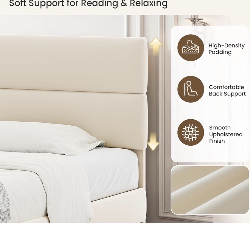 Modern Padded Headboard Platform Bed - Cream Beige - Image 2