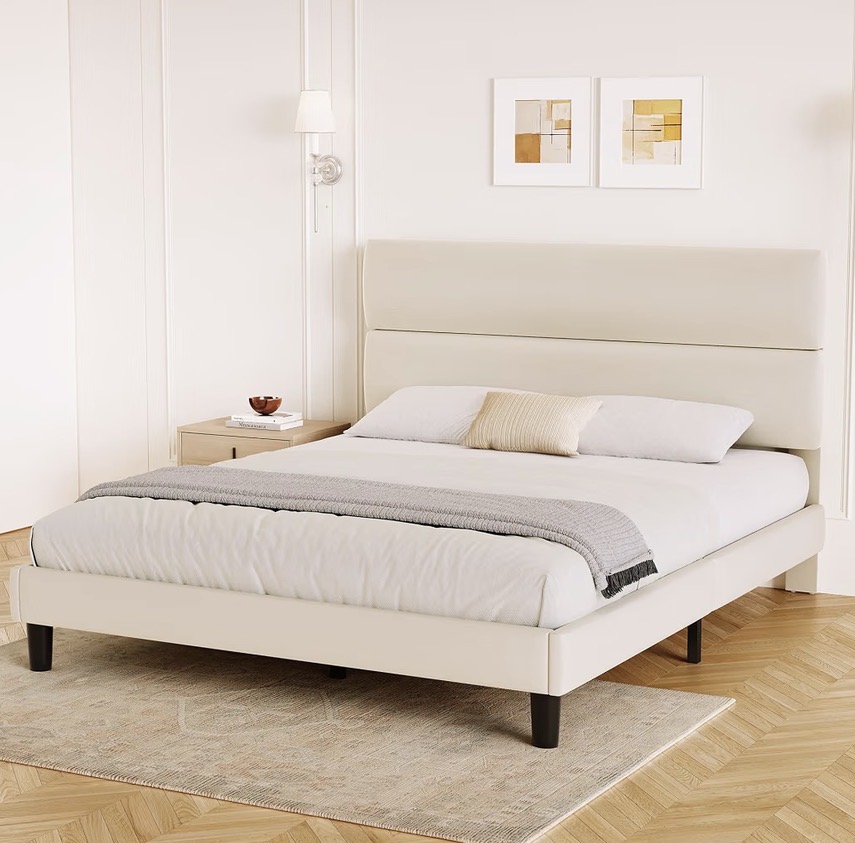 Modern Padded Headboard Platform Bed - Cream Beige - Image 3
