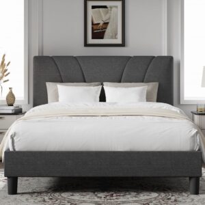 Modern Grey Linen Upholstered Bed Frame