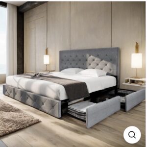 Grey Button Tufted Upholstered Platform Storage Bed