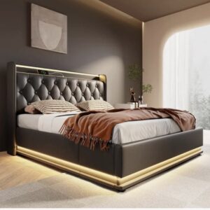 LIKIMO Industrial Platform Bed Frame With Storage Headboard & Charging Station