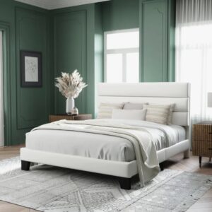 Modern White Leather Upholstered Bed with Horizontal Panels