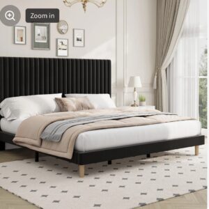 USAN King Size Black Velvet Bed Frame with Tall Channel Tufted Headboard