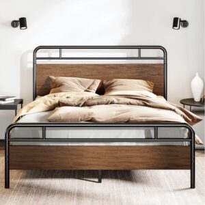 Luxury Queen / Double Size Bed Frame — Industrial Style — Black Metal Frame + Brown Wood Board