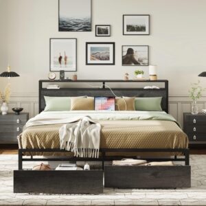 ndustrial Platform Bed Frame with Storage Headboard