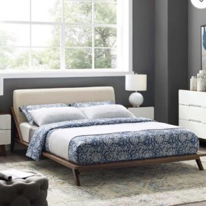 Mid-Century Modern Platform Bed Frame — Upholstered Headboard