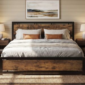 Industrial Metal Platform Bed Frame with Wooden Headboard and Footboard