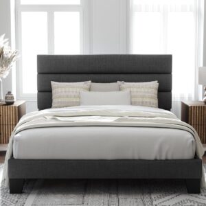 Modern Upholstered Velvet Platform Bed Frame with Extended Headboard