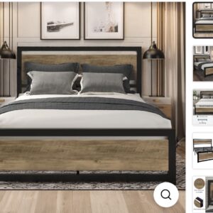 Luxury Queen Size Bed Frame — Industrial Metal — Wood Headboard