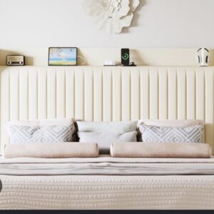 Queen Velvet Upholstered Platform Bed Frame with Wingback Shelf Headboard - Cream