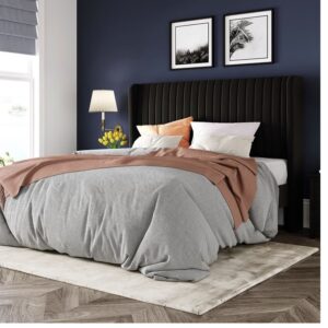 Queen Velvet Upholstered Platform Bed Frame with Wingback Headboard - Black