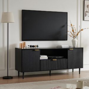58" Fluted TV Stand / Media Console - Black with Gold Handles