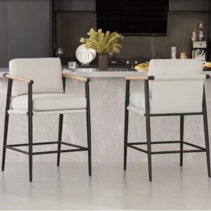 Modern Bar Stool / Counter Height Chair - White with Wood Armrests
