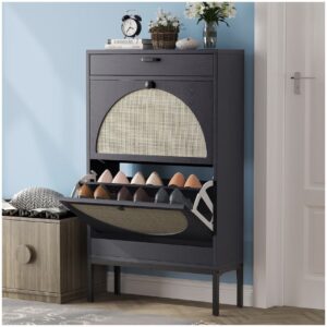 Shoe Cabinet / Shoe Storage Cabinet with Drawer - Black with Rattan Design