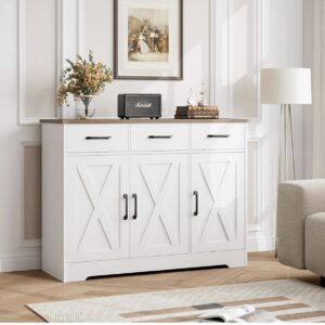 Farmhouse Sideboard Cabinet - White with Wood Top - 3 Drawers 3 Doors
