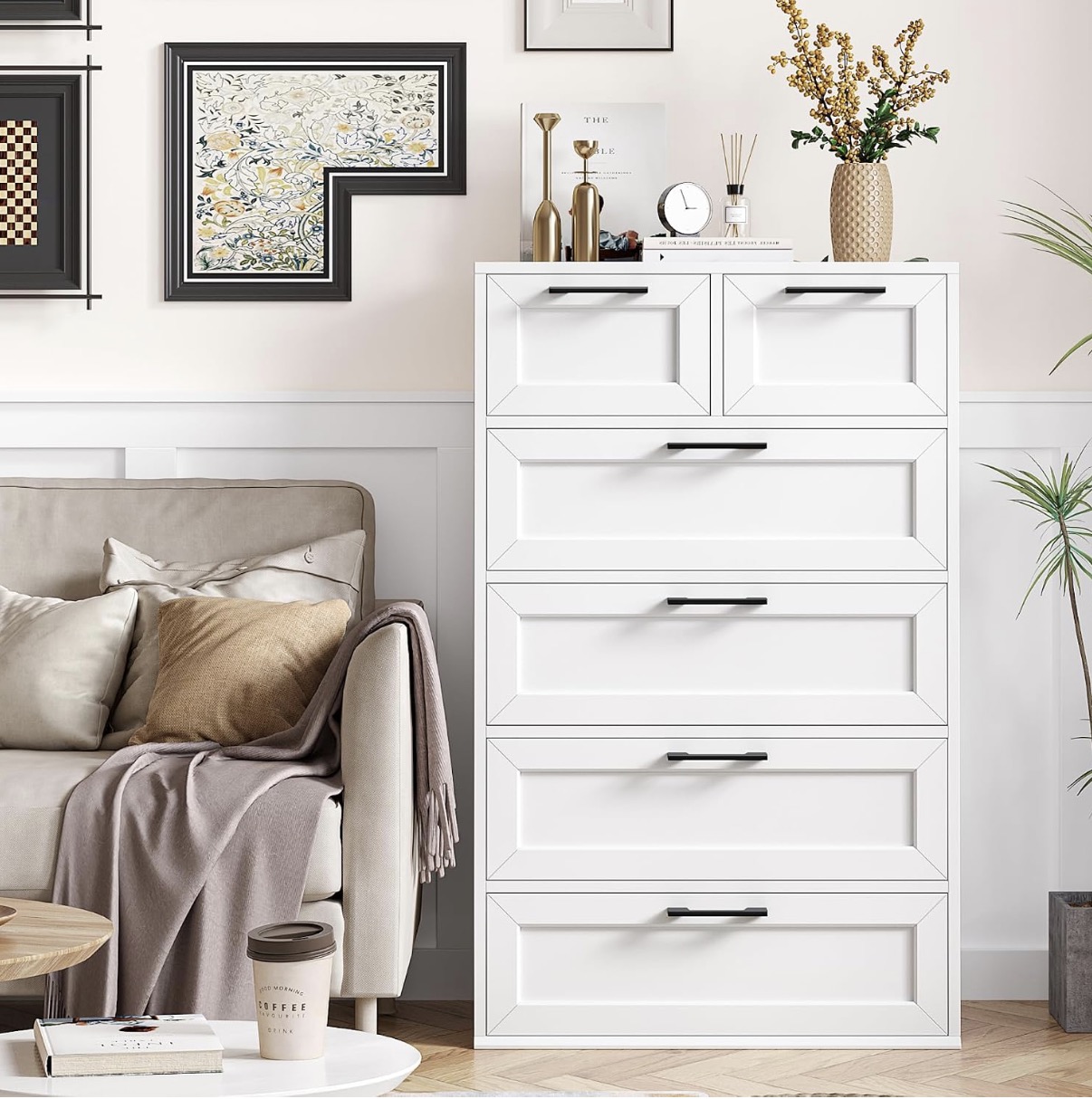 6-Drawer Tall Chest of Drawers - White - Modern Dresser - Image 2