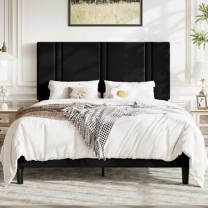 Queen Size Velvet Bed Frame - Black Channel Tufted Headboard