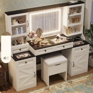 Farmhouse Vanity Desk with LED Lighted Mirror - Glass Top Drawers + Storage Cabinets + Stool