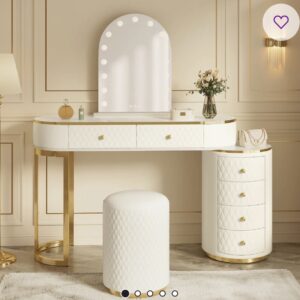 Luxury Modern Vanity Dressing Table with Arched LED Mirror + Side Cabinet + Round Stool