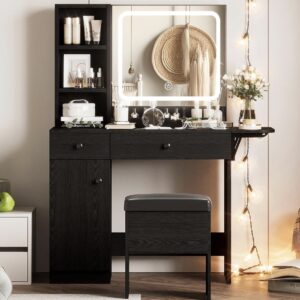 Modern Dressing Vanity Table with LED Light Mirror + Side Storage Shelf + Cabinet + Storage Stool