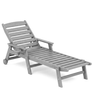 Outdoor Chaise Lounge Chair with Wheels - HDPE Poolside Sun Lounger with Cup Holder
