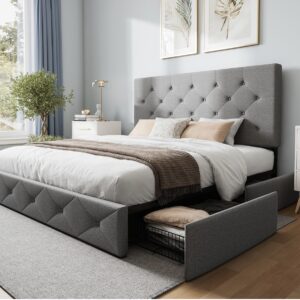 Upholstered Storage Platform Bed Frame - Button Tufted Headboard + Footboard with 4 Large Drawers