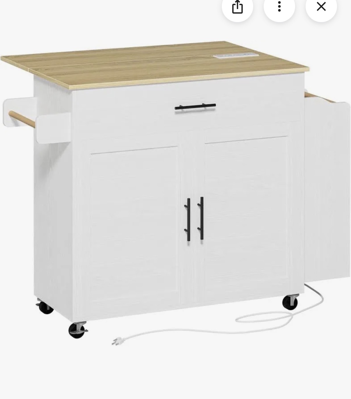 Kitchen Island Cart with Wheels - Drop Leaf Top + Power Outlet & Storage - Image 2